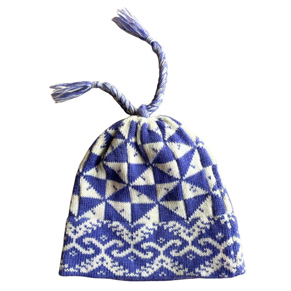 Vintage Ossi Skiwear Wool Ski Hat Fair Isle Blue White Tassel Made Hong Kong